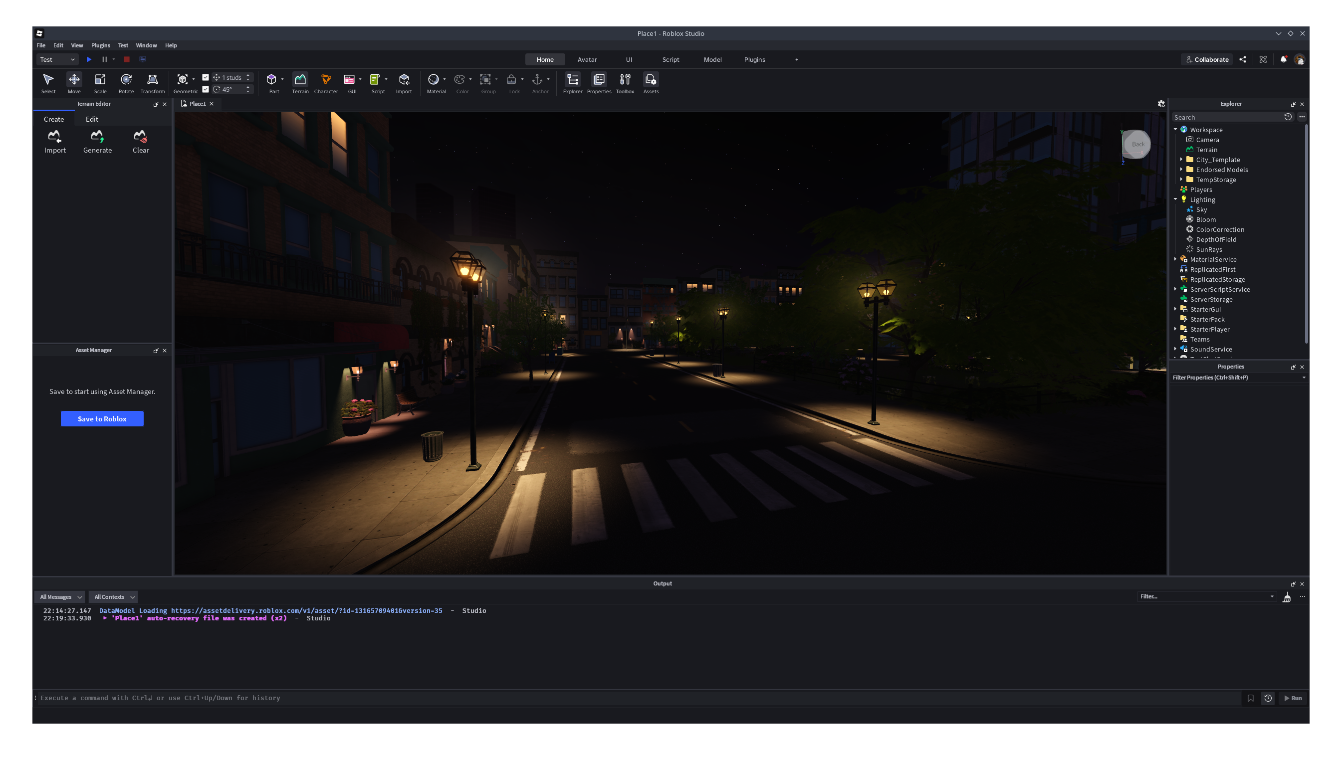 Roblox Studio running on Linux, editing a night-time city scene