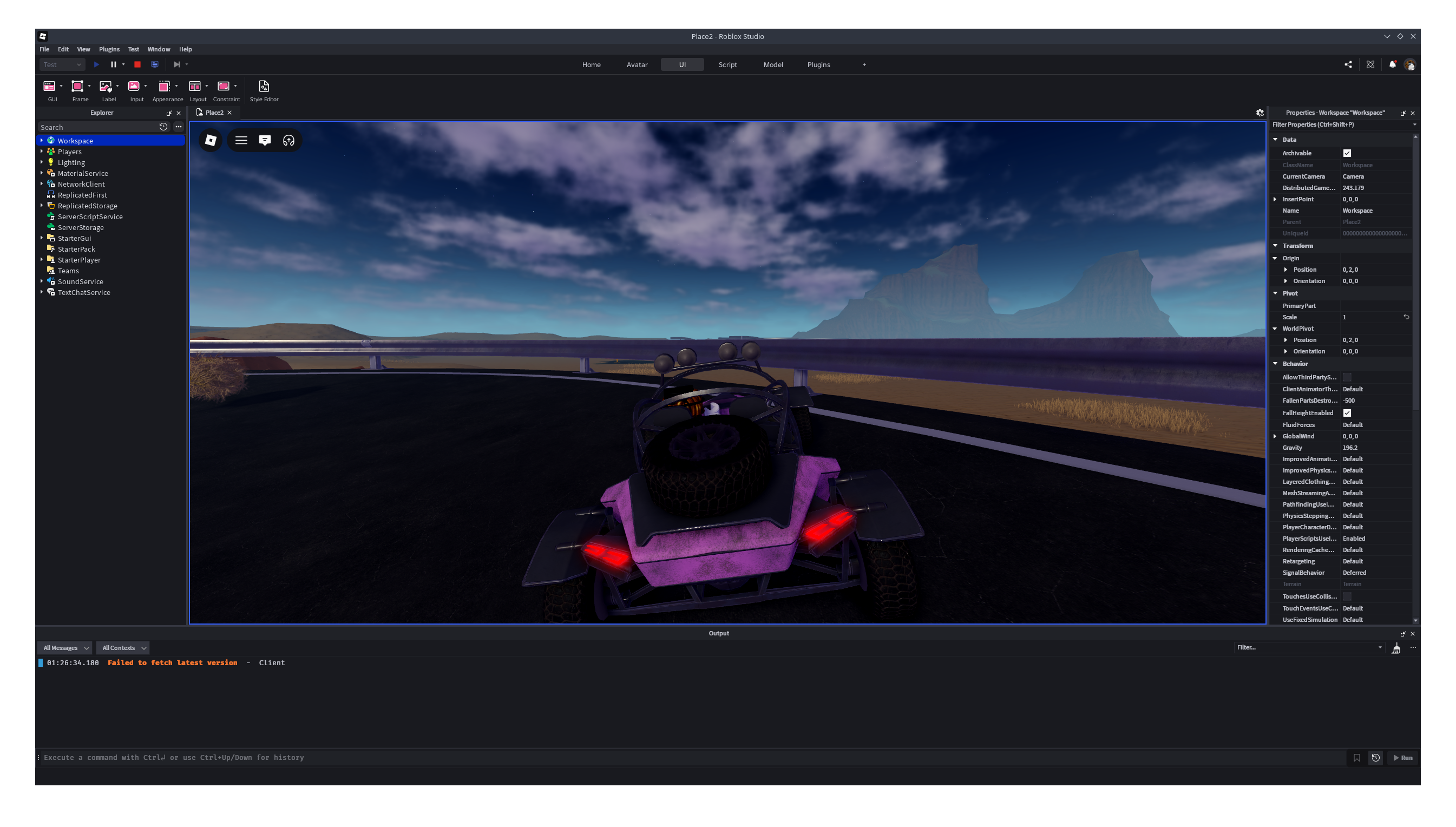 Roblox Studio running on Linux, editing a night-time racing scene