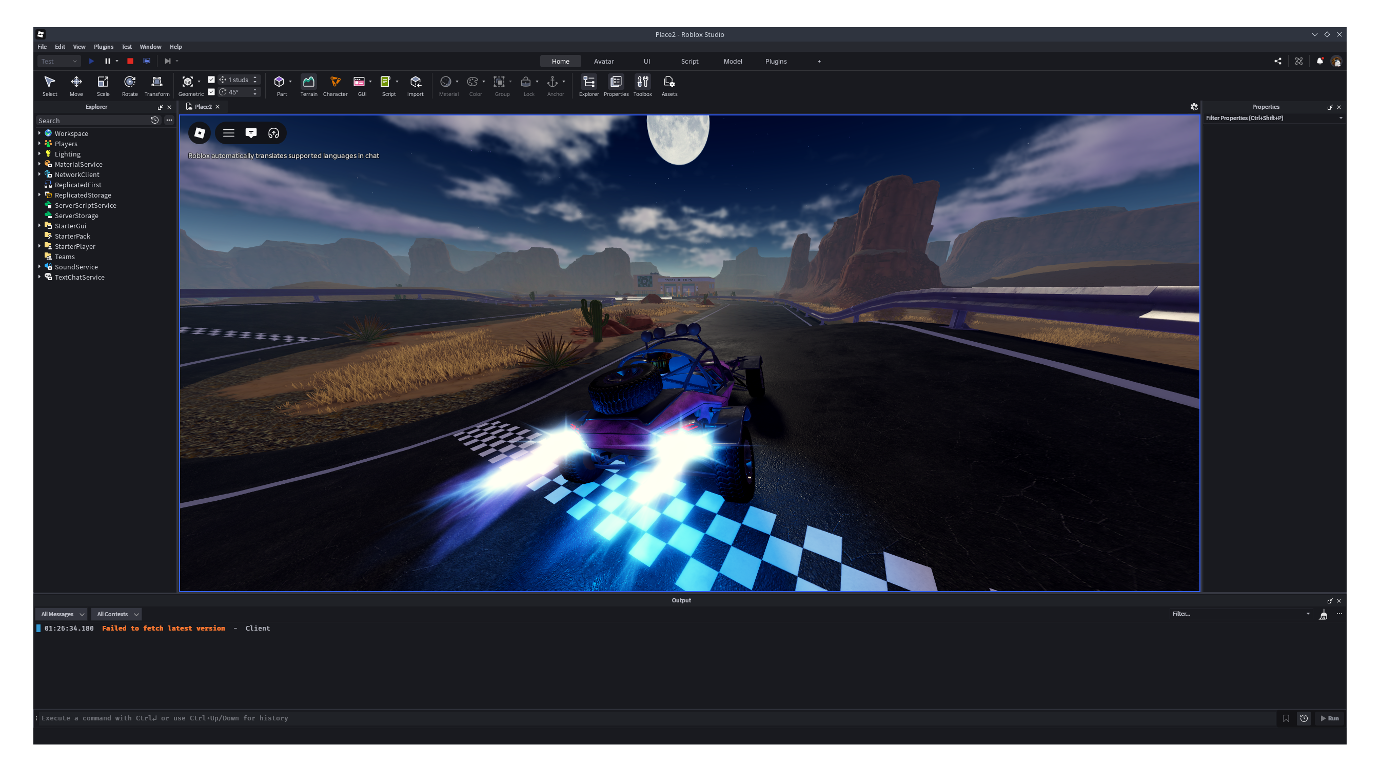 Roblox Studio running on Linux, viewing a racing map at night